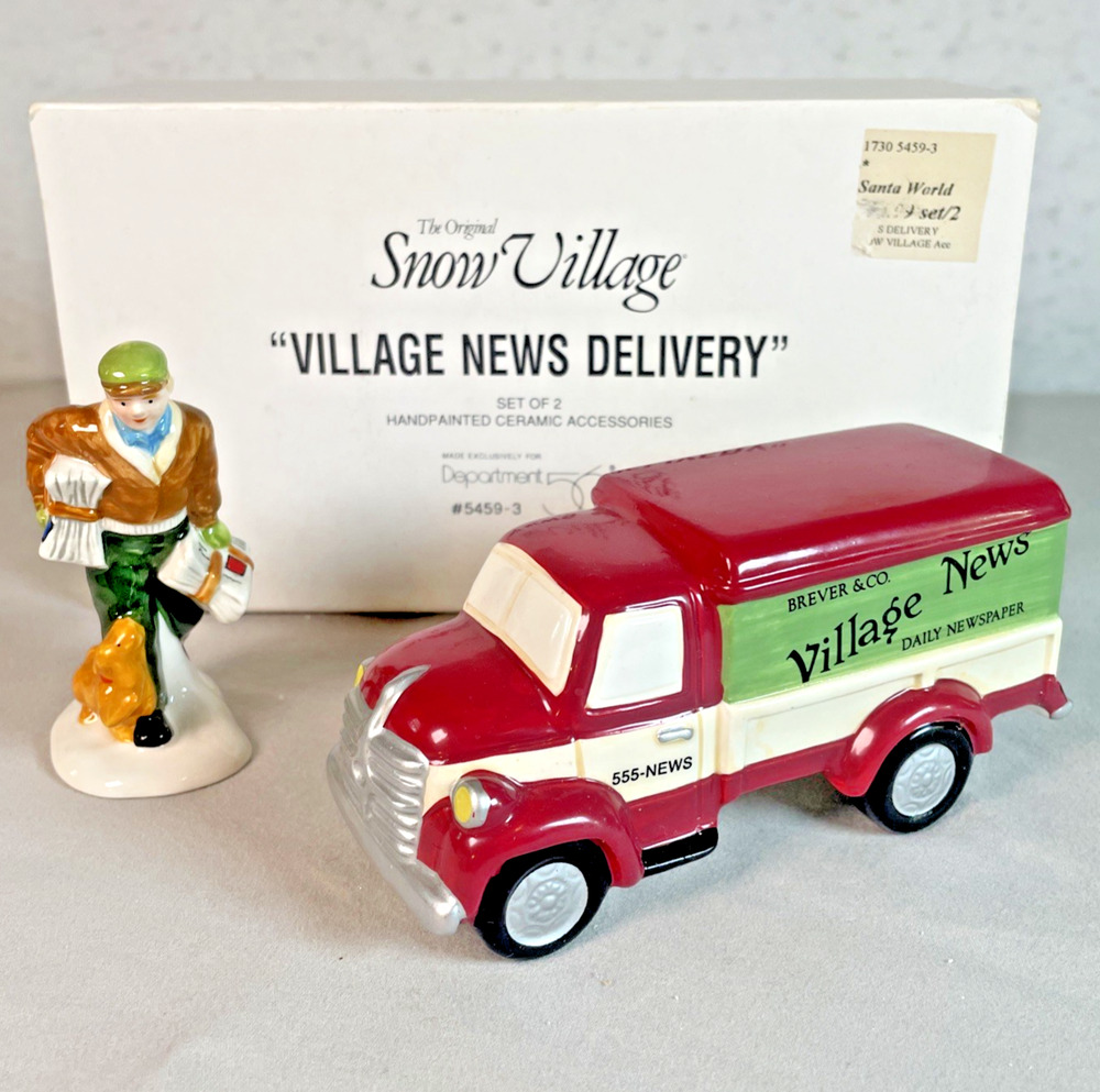 Dept 56 Snow Village News Delivery Truck Man 2 pcs #54593 Vtg 1990s Christmas
